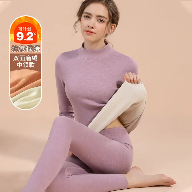 Thermal Underwear Sets for Women Mid-high Collar Winter Warmth High Stretch Base Thick Velvet Tops Trousers Seamless Lingerie