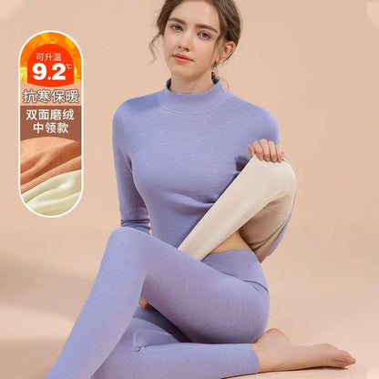Thermal Underwear Sets for Women Mid-high Collar Winter Warmth High Stretch Base Thick Velvet Tops Trousers Seamless Lingerie